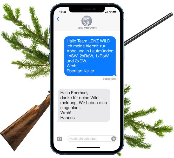 Smartphone vor einem Jagdgewehr, Kontakt zum Wildhandel Lenz Wild